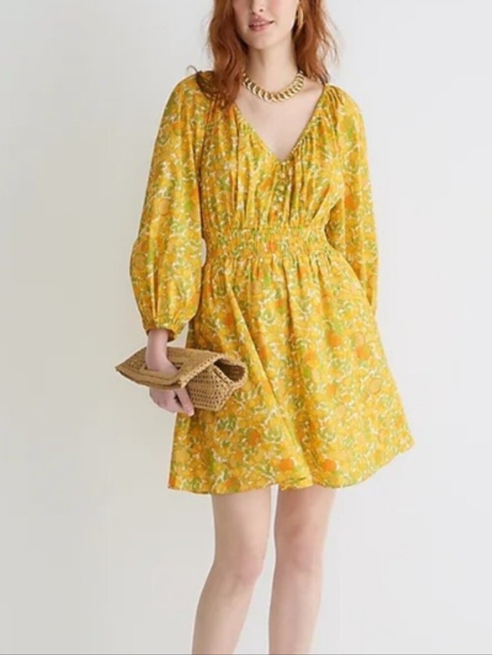 J.Crew-NWF-V-neck Cotton Lawn Mini Dress in Limone Print-Size Medium